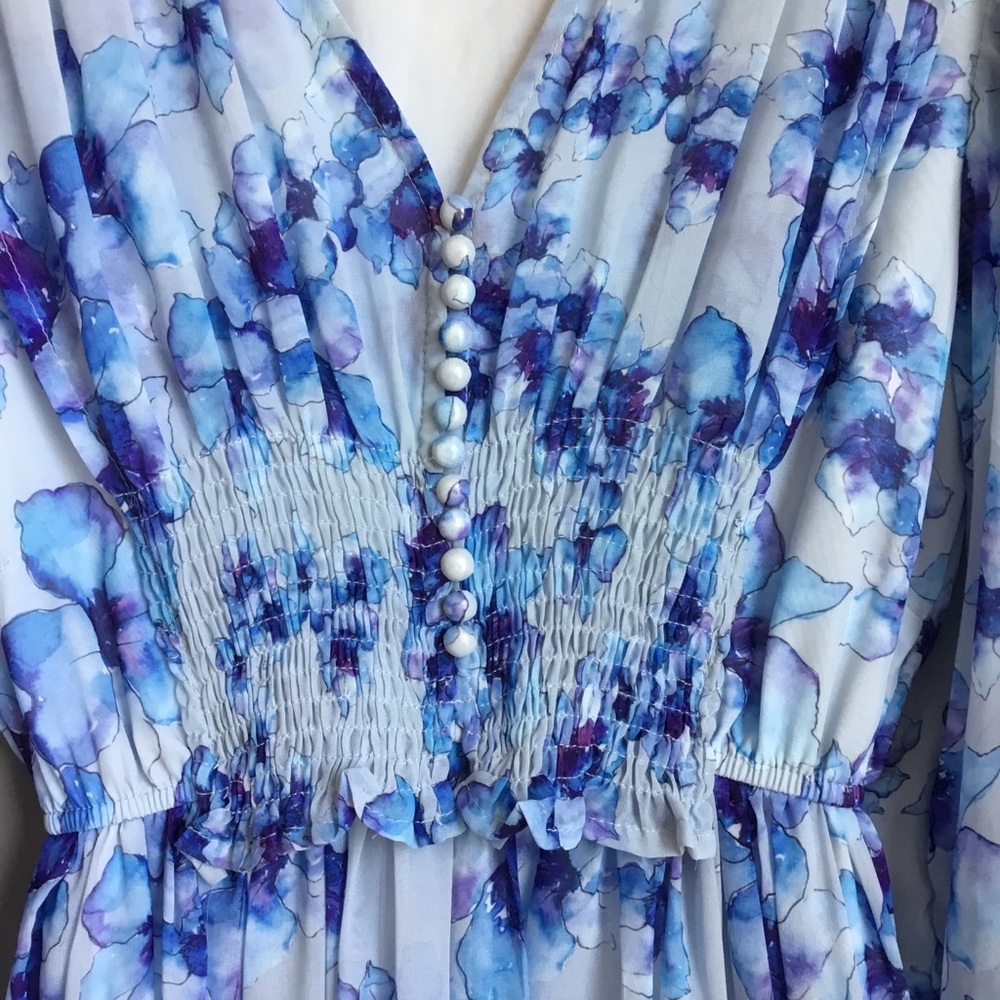 Beulah Style Blue Floral Shirred Sheer Maxi Dress Small - Picture 3 of 12